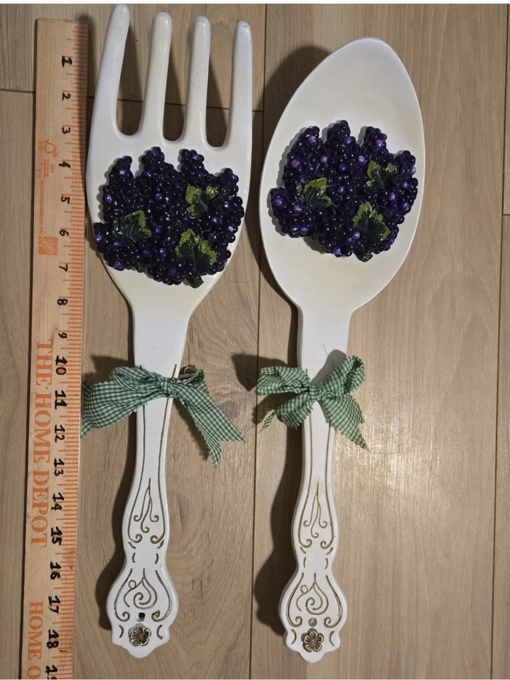 White Ceramic Decorative Fork & Spoon Wall Set with Purple Berry Accents
